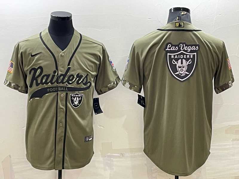 Men%27s Las Vegas Raiders Olive Salute to Service Team Big Logo Cool Base Stitched Baseball Jersey